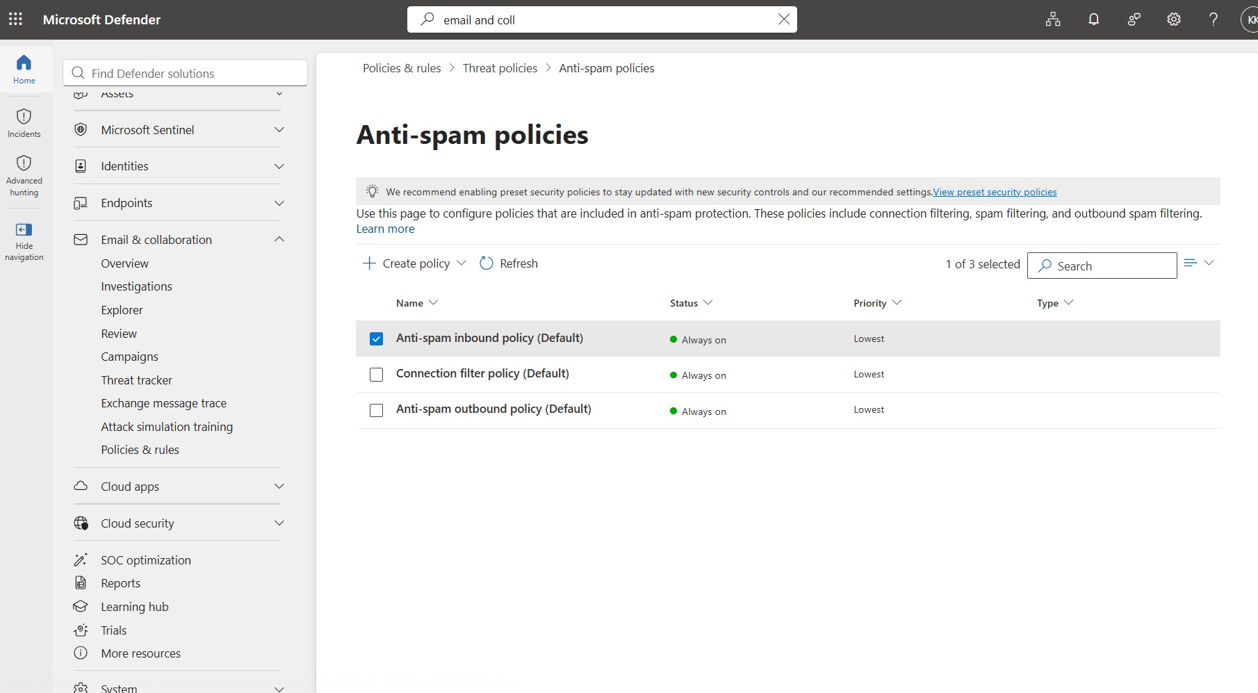 Defender Anti-Spam Policies